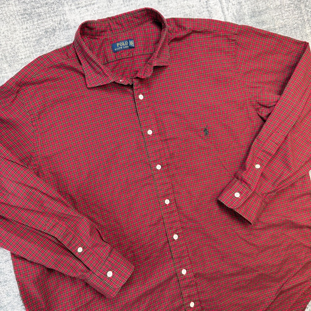 Polo Ralph Lauren Shirt Mens 3XB Red Tartan Plaid Cotton Sport Button Up Pony
